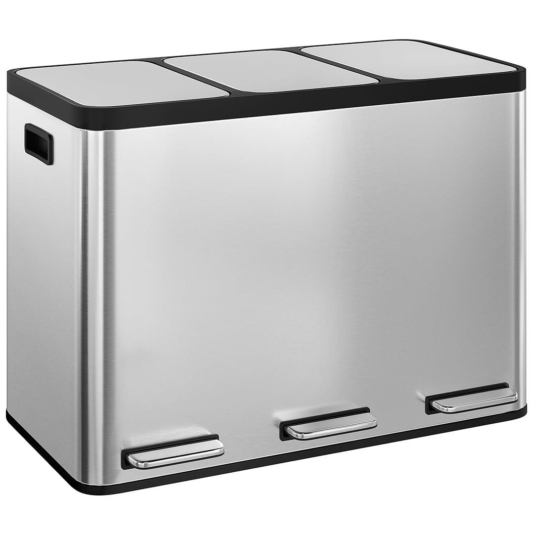 STEELSØN Epsilon Mülleimer 3x15L, 3 Fächer, aus Edelstahl in Silber | Mülltrennsystem Küche, Tretmülleimer mit Soft-Close-Deckel, Abfalleimer + herausnehmbaren Inneneimern für Recycling/Restmüll