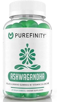 PUREFINITY Ashwagandha Gummies with Vitamin D & Zinc Supplement for Relaxation, Calming, and Mood Support Gluten Free, Non-GMO, Vegan, 60 Count