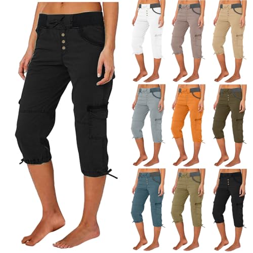 Cargo Capris for Women Stretchy Drawstring Cotton Capri Pants Multi Pockets Lightweight Mid Rise Cropped Trouser