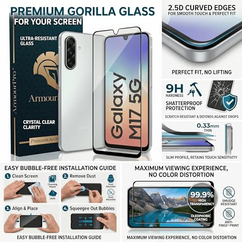 Image of ArmourPro Edge to Edge Tempered Glass for Samsung Galaxy M17 with Silver Camera Ring Guard, 9H Screen Protector, Anti-Scratch, Anti-Fingerprint, Bubble-Free Installation Kit