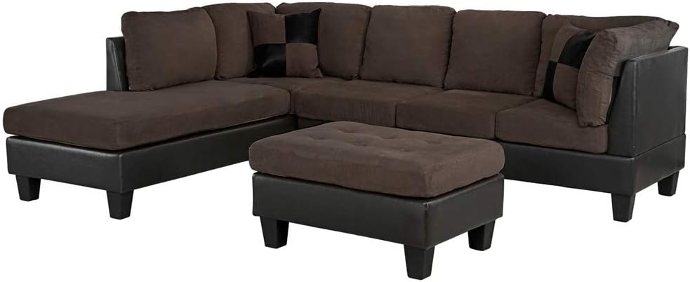 3 Piece Modern Microfiber Faux Leather Sectional Sofa with Ottoman, Color Hazelnut, Beige, Chocolate and Grey (Chocolate)