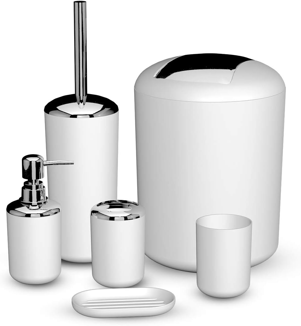 Yasolote 6 Pcs Plastic Bathroom Accessory Set,Bath Toilet Brush Accessories Set with Toothbrush Holder,Toothbrush Cup,Soap Dispenser,Soap Dish,Toilet Brush Holder,Trash Can,Tumbler Straw Gift (White)