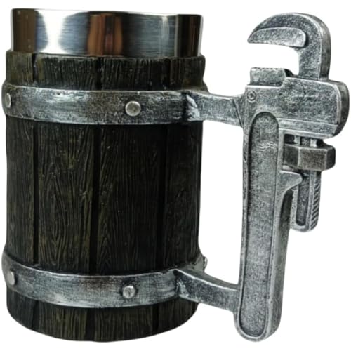 ITMEATレトロスタイル木製樽デザインビールジョッキ 600ml 大容量 ステンレススチール製 家庭用・業務用 バー パーティー ギフト対応 (115 木樽ビールジョッキ)