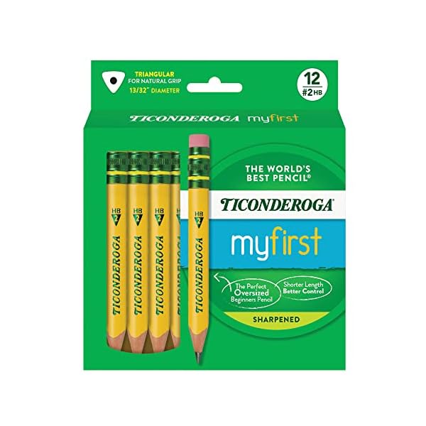 Ticonderoga My First Short Triangular Wood-Cased Pencils, 2 HB Soft, With Erasers, Yellow, 12 Count