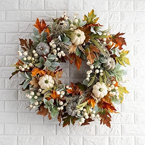 Fall Wreaths for Front Door Fall Decoration, 18 Inch Autumn Mixed Pumpkin & Berry Fall Wreath Harvest Thanksgiving Wreath Outside Outdoor Indoor Farmhouse Home Door Decor Decorations Cover