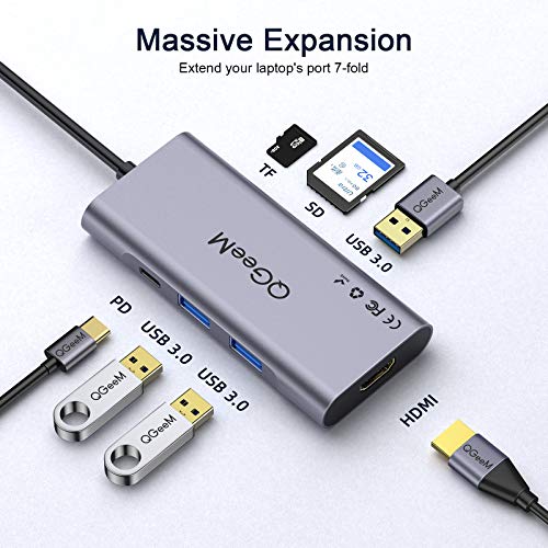 QGeeM Hub USB C Adattatore Multiporta 7 in 1 Adattatore da USB C a HDMI 4K, 100W di Alimentazione, 3 Porte USB 3.0, Lettori di Schede SD/TF Compatibile con MacBook PRO 13/15 (Thunderbolt 3), di più
