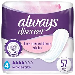 Always Discreet Incontinence Pads for Women with Bladder Leaks, Sensitive Skin Pads Moderate Absorbency, Regular Length, 57 Count