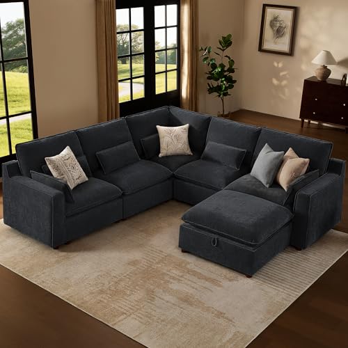 Image of WorthFurni Modern Modular Sectional Sofa,105 inch V Shape Sectional Cloud Couch with Storage Ottoman,Comfty 6 Seat Sofa for Living Room,Black Chenille