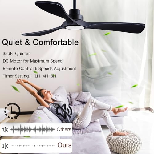Image of 52-inch Silent Ceiling Fan Light with Remote Control, Black Wood Finish. | 3CCT, mobile app, full memory function, for use in living rooms, dining rooms, bedrooms, offices, balconies, and outdoors.