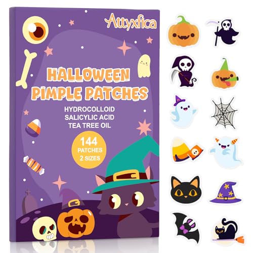 Halloween Acne Pimple Patches Cute – 144 Count Hydrocolloid Pimple Patches for Face, Spot Treatment Stickers w/Salicylic Acid & Tea Tree Oil for Zits and Blemishes, 2 Sizes & 12 Patterns
