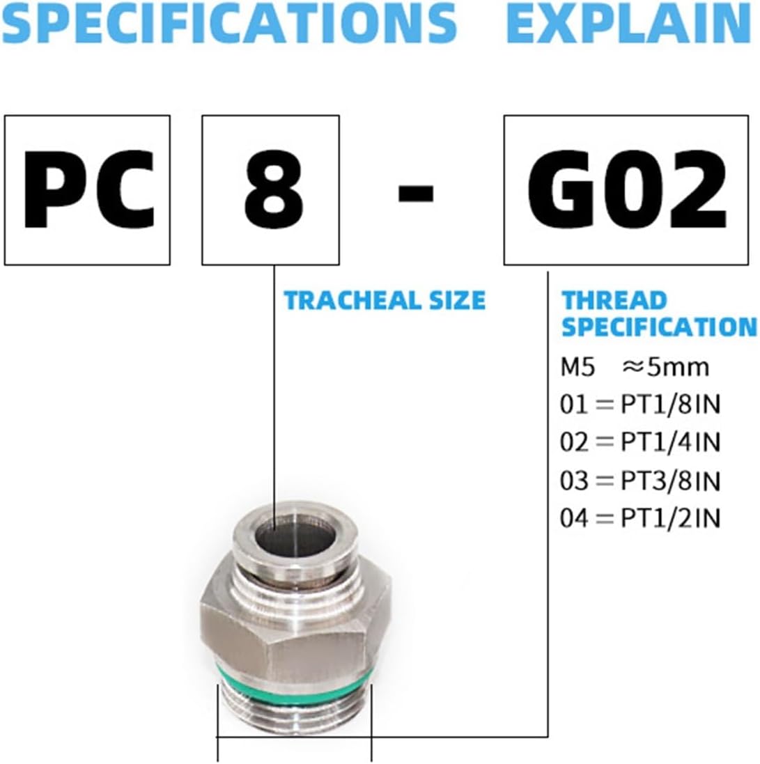 Quick Connect Air Hose One Touch Push In Thread Stainless Steel Connector Pneumatic Quick Coupling 1Pcs(PC8-G03)