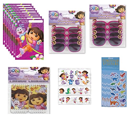 Dora and Friends Birthday Party Supplies Favor Bundle Set includes 8 Loot Bags, 10 Mini Note Books, 8 Sticker Sheets, 20 Tattoos, 8 Glasses