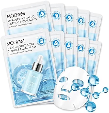 Hyaluronic Acid Face Sheet Mask Skincare, Hydrating Facial Masks, Deep Moisturizing Face Mask for All Skin Types Anti Aging Facial Mask for Women Skin Care, Smoothing Rejuvenating, Pack of 10