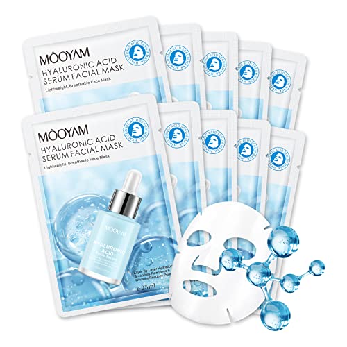 Hyaluronic Acid Face Sheet Mask Skincare, Hydrating Facial Masks, Deep Moisturizing Face Mask For All Skin Types Anti Aging Facial Mask For Women Skin Care, Smoothing Rejuvenating, Pack Of 10 #TOP2