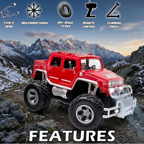 Image of Amazon Brand - Jam & Honey Off Roader Rechargeable Remote Control Car | RC Monster Truck with LED Headlights, Type-C Charging, Anti-Skid Tyres, 120 Ft Range | 2.4GHz Remote Controller (MT507) (Red)