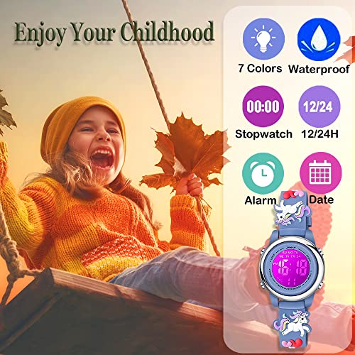 Venhoo Kids Watches 3D Cartoon Waterproof 7 Color Led Digital Wrist Watch Gifts For Little Girls Child-Grey #TOP1