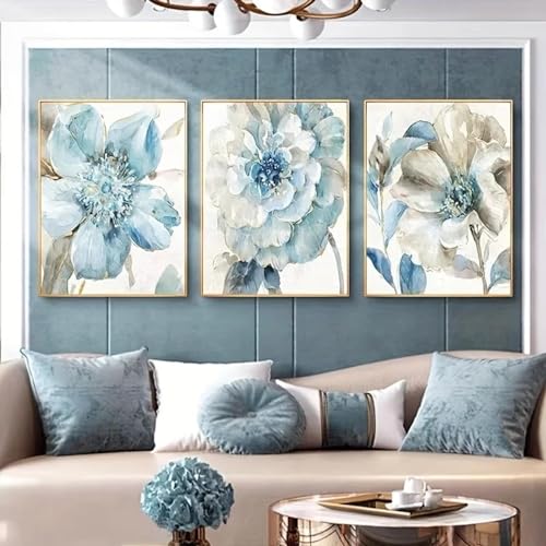 Toile abstraite fleurs bleues impression nordique sans cadre lot de 3 70x100cm