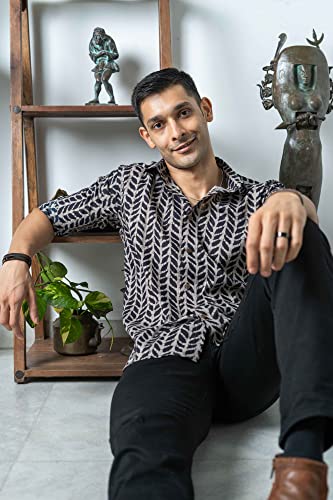 Image of SHASAK Men's Printed Shirt 100% Pure Cotton Full Sleeves with Cuffs in Brown Color with Black Petals Tribal Print (S,M,L,XL,XXL,3XL,4XL,5XL,6XL,7XL,8XL,9XL,10XL)