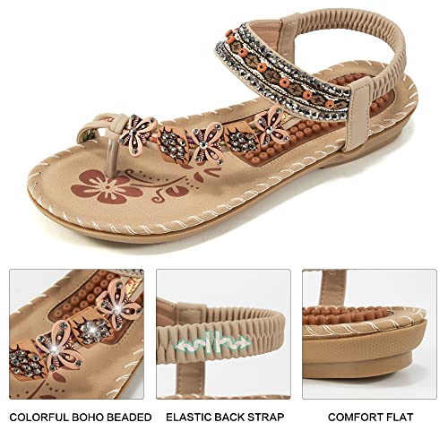 Harence Womens Sandals Flats Shoes Comfortable Cushion Footbed Orthopedic Sandals Summer Gladiator Bohemian Beaded Elastic Ankle Strap Slip On Shoes #TOP2
