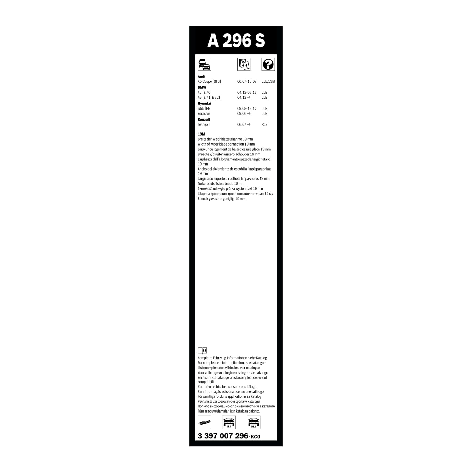 BOSCH Spazzola tergi 3397007296 Compatibile con: AUDI A5, BMW X5, X6, FORD USA MUSTANG MACH-E, HYUNDAI ix55, NIO ES8, RENAULT TWINGO II, TWINGO II Kasten/Schrägheck, WIND