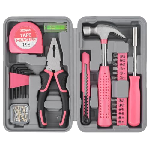 Hi-Spec Werkzeugset in Pink für Frauen - Komplettset für Heimwerkerinnen mit Hammer Zange Schraubendreher Bits Maßband und Wasserwaage - Ideal für Haushalt und Geschenk