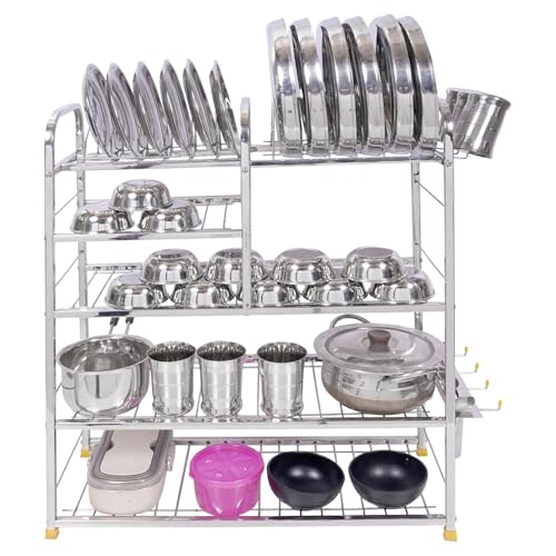 Image of Kitchen Dish Rack | Wall Mounted | Stainless Steel Stainless Steel Utensils Organiser Plate Cutlery Stand Space Saving Dish Drying Bartan Rack Storage Shelf Shelves, Free Standing, Tiered Shelf