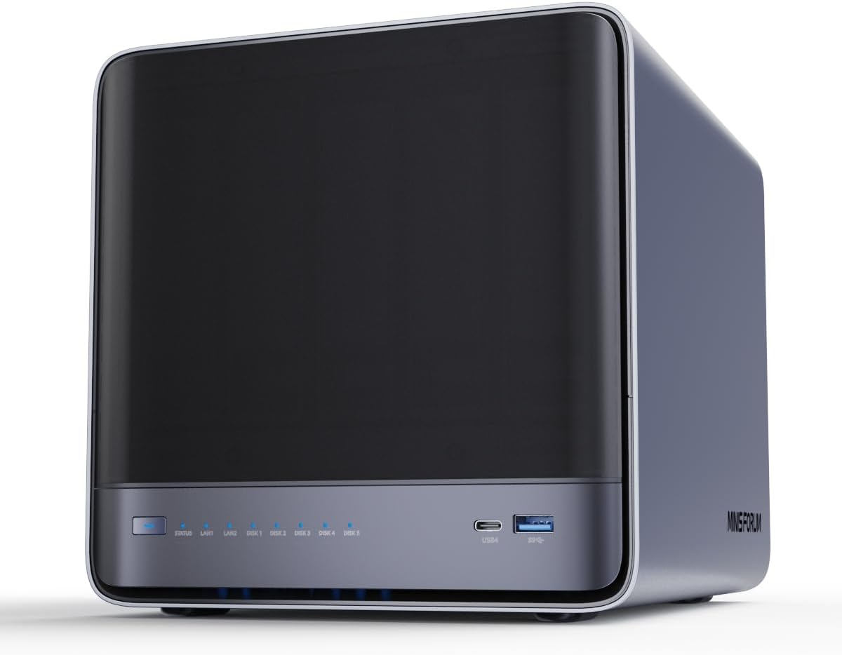 MINISFORUM N5 Air 5-Bay Desktop NAS with up to 174 GB Storage, AMD Ryzen 7 255 (8C/16T) CPU, Dual DDR5 RAM Slots (up to 96 GB), 1x 10GbE, 1x 5GbE, 2X USB4 (8K), HDMI 8K, OCuLink, 3X M.2 Slots