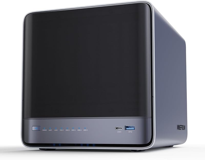 MINISFORUM N5 Air 5-Bay Desktop NAS with up to 174 GB Storage, AMD Ryzen 7 255 (8C/16T) CPU, Dual DDR5 RAM Slots (up to 96 GB), 1x 10GbE, 1x 5GbE, 2X USB4 (8K), HDMI 8K, OCuLink, 3X M.2 Slots