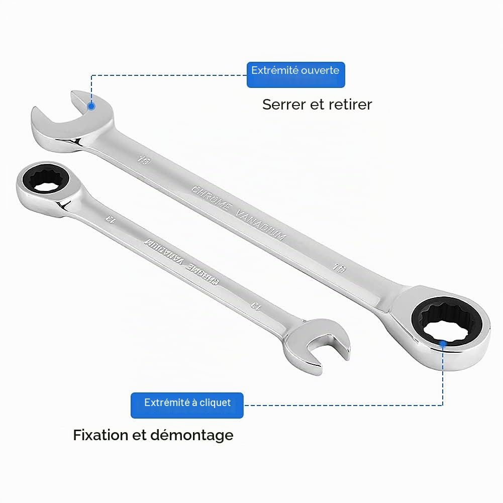 Greensen Jeu de Clés Mixtes à Cliquet, 12 Pièces, 8-19mm, Clé Plate à Cliquet, Boîte à Outils Incluse