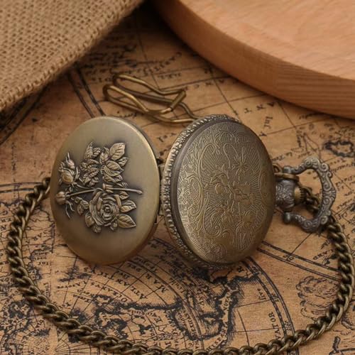 Image of SIMAOTE Vintage Quartz Pocket Watch with Flower Pattern Cover and Chain for Women