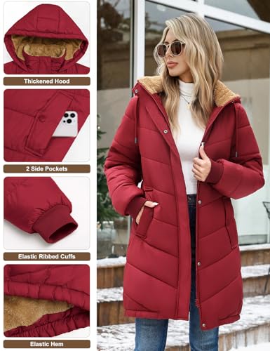 Yuson Girl Winterjacke Damen Wintermäntel Lang Steppjacke Fleece Gefüttert Mantel mit Kapuze Herbst Winter Jacke Winterparka Warm Steppmantel Winddichte Fleecejacke mit Tasche(Weinrot, L)