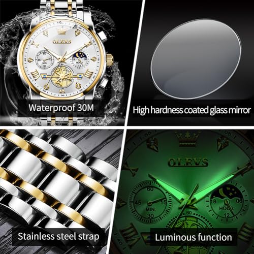 Image of OLEVS Watch for Men Analog Quartz Luxury Diamond Dial Dress Wrist Watches, 2856:Two Tone&Gold White, Two Tone Band White Dial | Chronograph, 100Ft Waterproof, Calendar, Luminous, Stainless Steel Strap