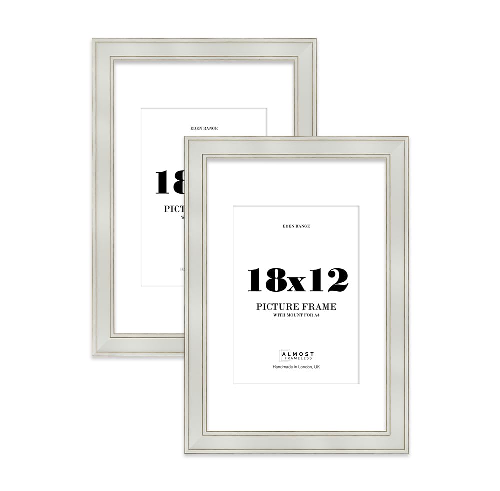 18x12" Light Grey Picture Frame with A4 Mount - Shabby Chic Photo Frame with Distressed Finish, Gold Trim, Wall Hooks, 37mm Edge - 2 Pack