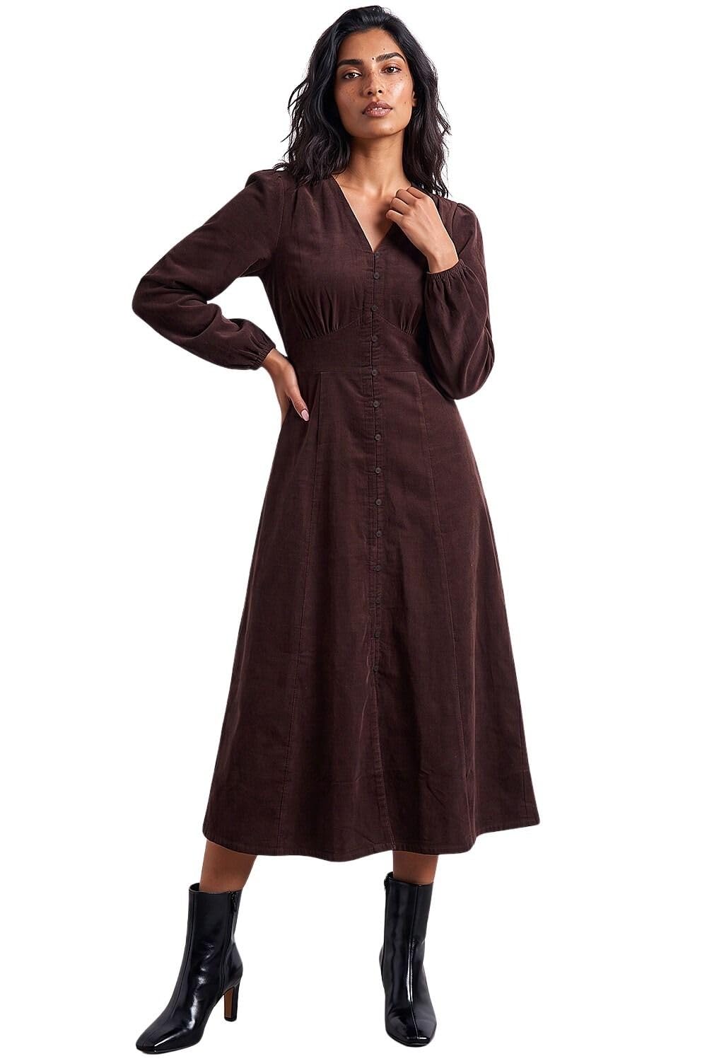 Roman Originals Corduroy Button Through Midi Dress for Women UK - Ladies Everyday Autumn Winter V-Neckline Comfy Soft Evening Vacation Work Party Night Out