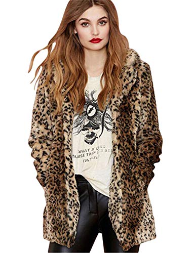 Andongnywell Women Leopard Faux Fur Coat Long Sleeve Sexy Lapel Overcoat Parka Jacket Leopard Print Suit Collar Coat (Leopard,Medium)