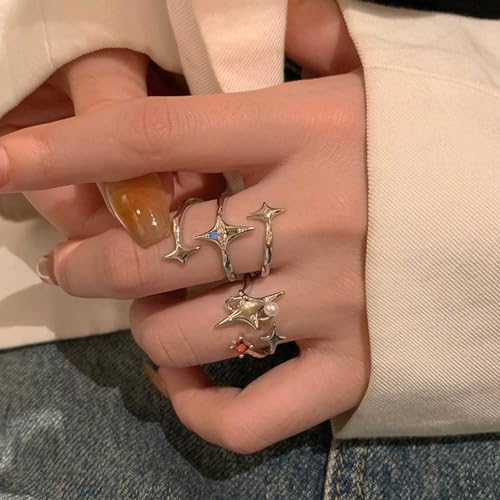 W Weilirian Boho Pearl Northstar Ring For Women Crystal Star Knuckle Ring Sparkly Ruby Stacking Ring Silver Star Finger Ring Lucky Star Open Ring Dainty Adjustable Ring Jewelry For Girls Gifts thumb #4