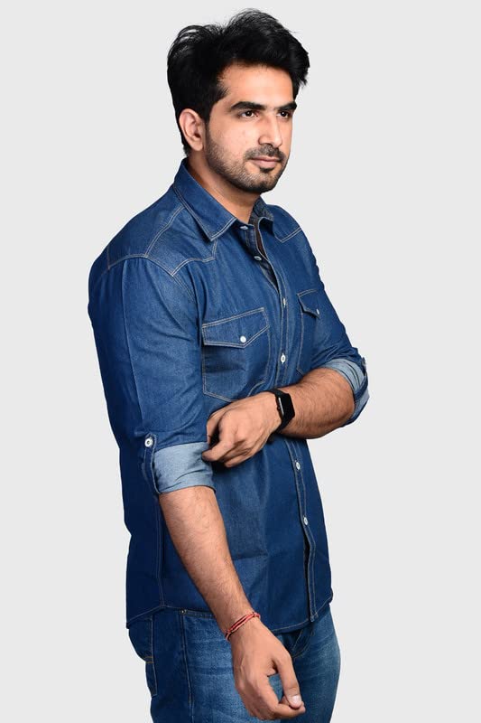 Image of Codaisy Men's Blue Double Pocket Casual Full Sleeves Regular Fit Cream Stitched Solid Cotton Denim Shirt Available in Plus Size
