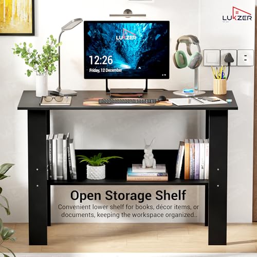 Image of Lukzer Engineered Wood Computer Desk with One Tier Shelves Laptop Study Table for Office Home Workstation Writing Modern Desk (ST-004 / Black / 90 x 50 x 75 cm)