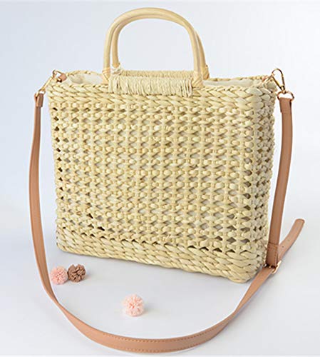 Bolso de paja estilo saco para mujer con asa de bambú miniatura 4