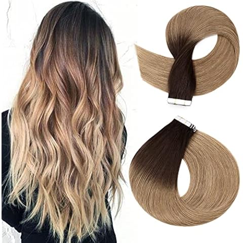 Silk-co Extensiones Adhesivas de Pelo Natural Sin Clip #4T27 Marrón Medio ombre Rubio Oscuro Cover