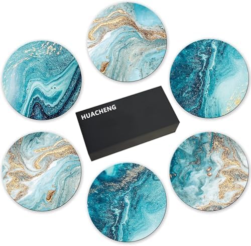 HUACHENG Coasters Stylish Set of 6 Ceramic Marble Pattern Heat Resistant Protective Cork Back Tea Mug Pad Cup Mat Absorbent Quick-Drying Insulation Non-Slip for Home Office Use Bohemian Round (Blue)