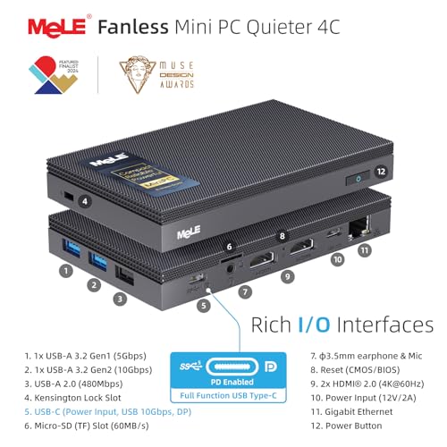 Image of MeLE Mini PC Quieter 4C, N100 Fanless Mini PC 16GB RAM 512GB Storage | Full-functional USB-C, Support 4K triple display,dual-band WiFi, ideal for Home, Office, Education,Industry, Astrophotography