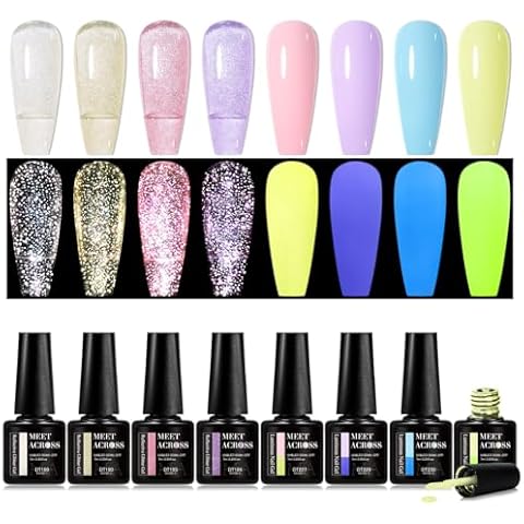 MEET ACROSS Gel Nail Polish Set, 8 Colors, UV/LED Soak Off (Translucent Diamonds + Luminous Candy Gel, 8pcs) Cover