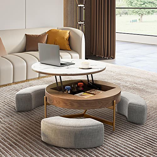 Lift Top Coffee Table With Storage And 3 Ottoman, Round Coffee Table With Hidden Compartment Modern Cocktail Table For Living Room, Sofa Table, Office Table, Stone Top Steel Legs, Brown #TOP25