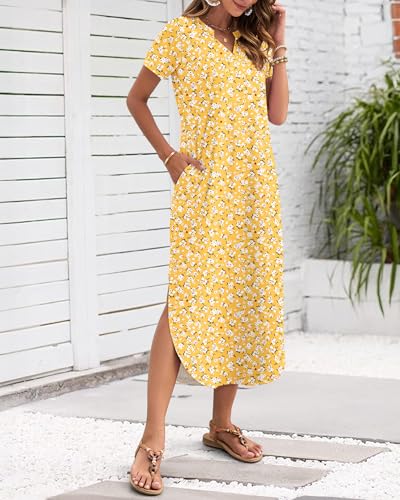 Image of MISFAY Women's Summer Maxi Dress 2026 Casual Short Sleeves V Neck Loose Sundress Split Long Beach T Shirt Dress