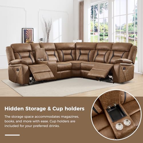 Image of EBELLO Faux Leather Reclining Sectional Sofa Set for Living Room, 1 Recliner Chair and L-Shaped Reclining Couches Home Furniture Set with Center Console, Hidden Cup Holders and Storage, Brown