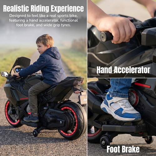 Image of Baybee BoltX Electric Bike for Kids 3+ Years | Baby Rechargeable Battery Bike with Training Wheels, Hand Accelerator, Foot Brake, Led Lights & Music | Battery Operated Bike for Kids to Drive (Black)