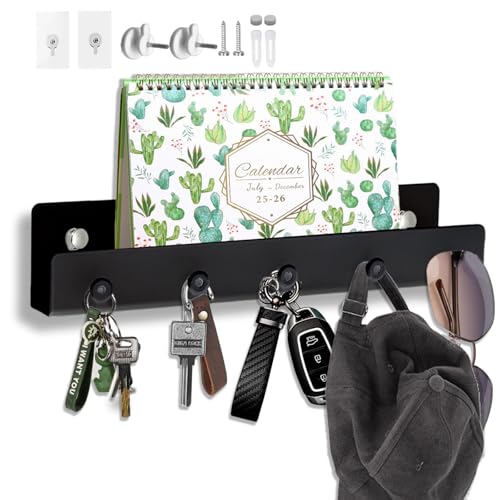 Echehi 5 Hooks Metal Key Holder with Shelf, 3 Way Mounting, Space-Saving Design for Home & Office. Black