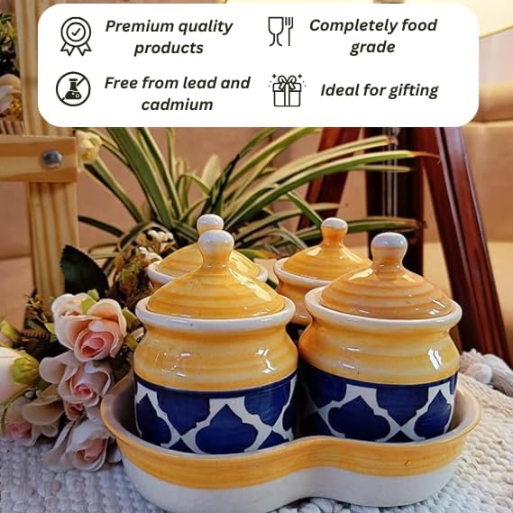 Image of Niyara Multipurpose Storage Ceramic Pickle set Jars with Lid & tray (Set of 4, 300 ml) (yellow Blue)