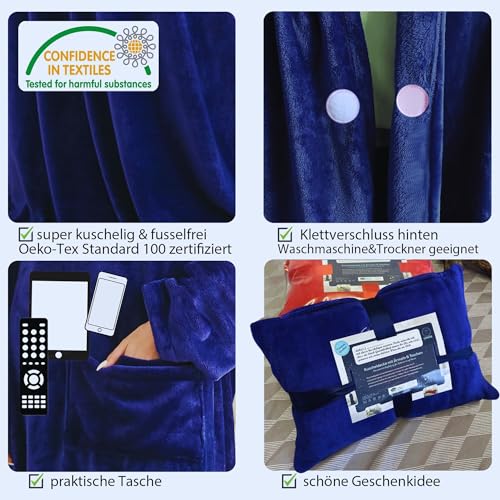 Lucadeau Kuscheldecke mit Ärmeln, Ostergeschenke für Frauen und Männer, Geburtstagsgeschenke für Frauen Männer, TV-Decke 150x200 cm (Blau)